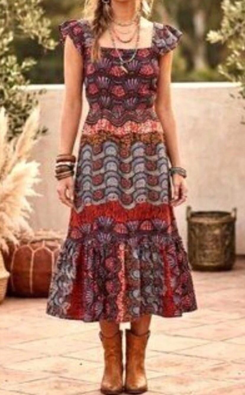 Corey Lynn Calter Doriane Purple Pink Seashells Midi Dress Sz XS Ruffle Sleeve